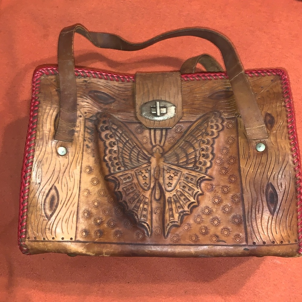 Vintage 1960’s “Butterfly” Hand tooled Leather Handbag 👜 red Stitching